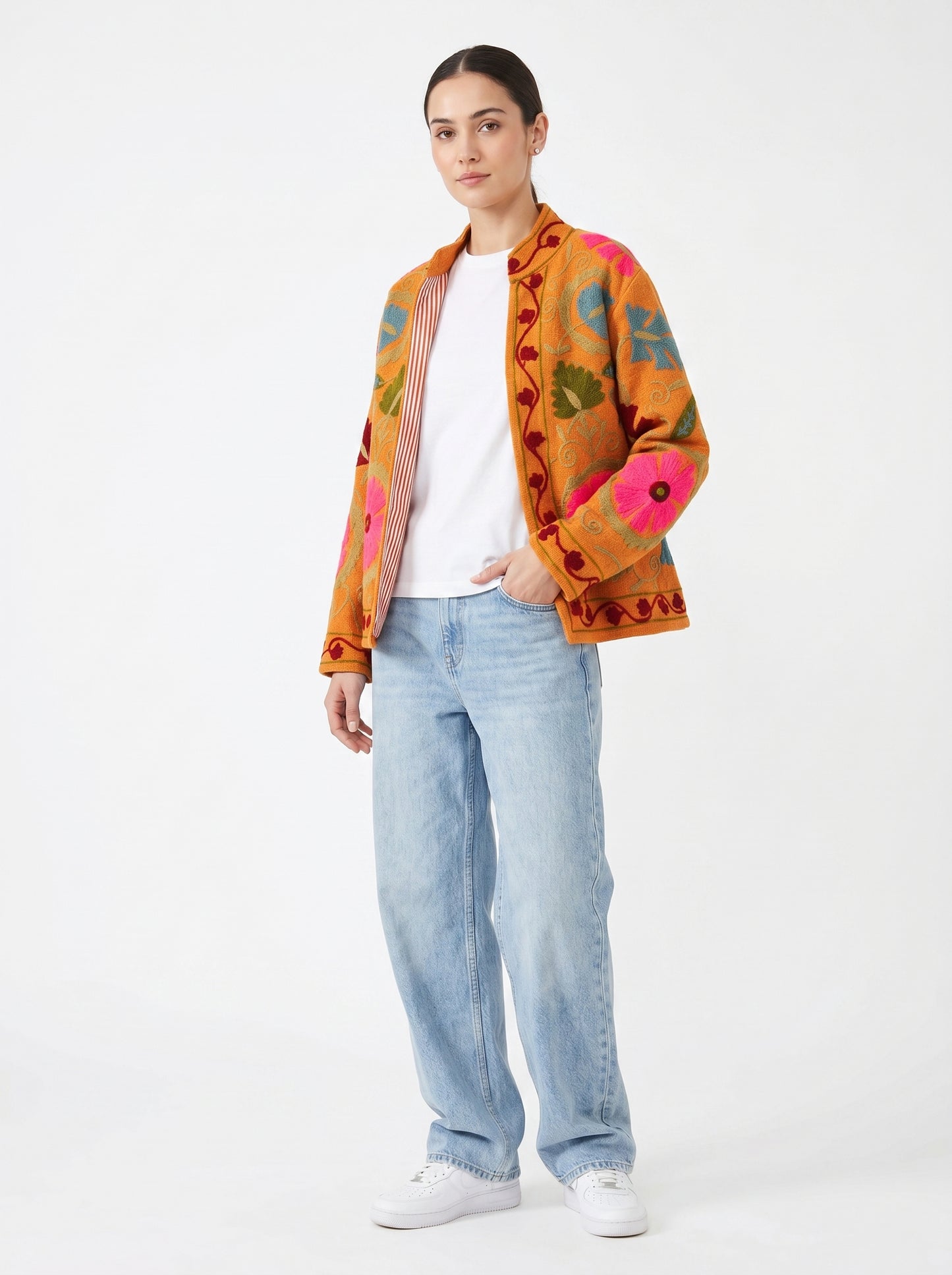Women's Orange Floral Suzani Reversible Velvet Jacket – Artistic Embroidered Statement Jacket