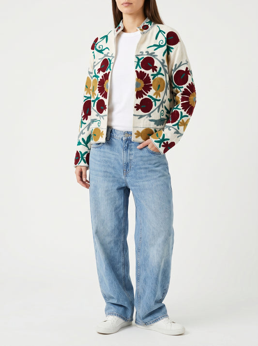 Women's White Floral Suzani Reversible Velvet Jacket – Artistic Embroidered Statement Jacket