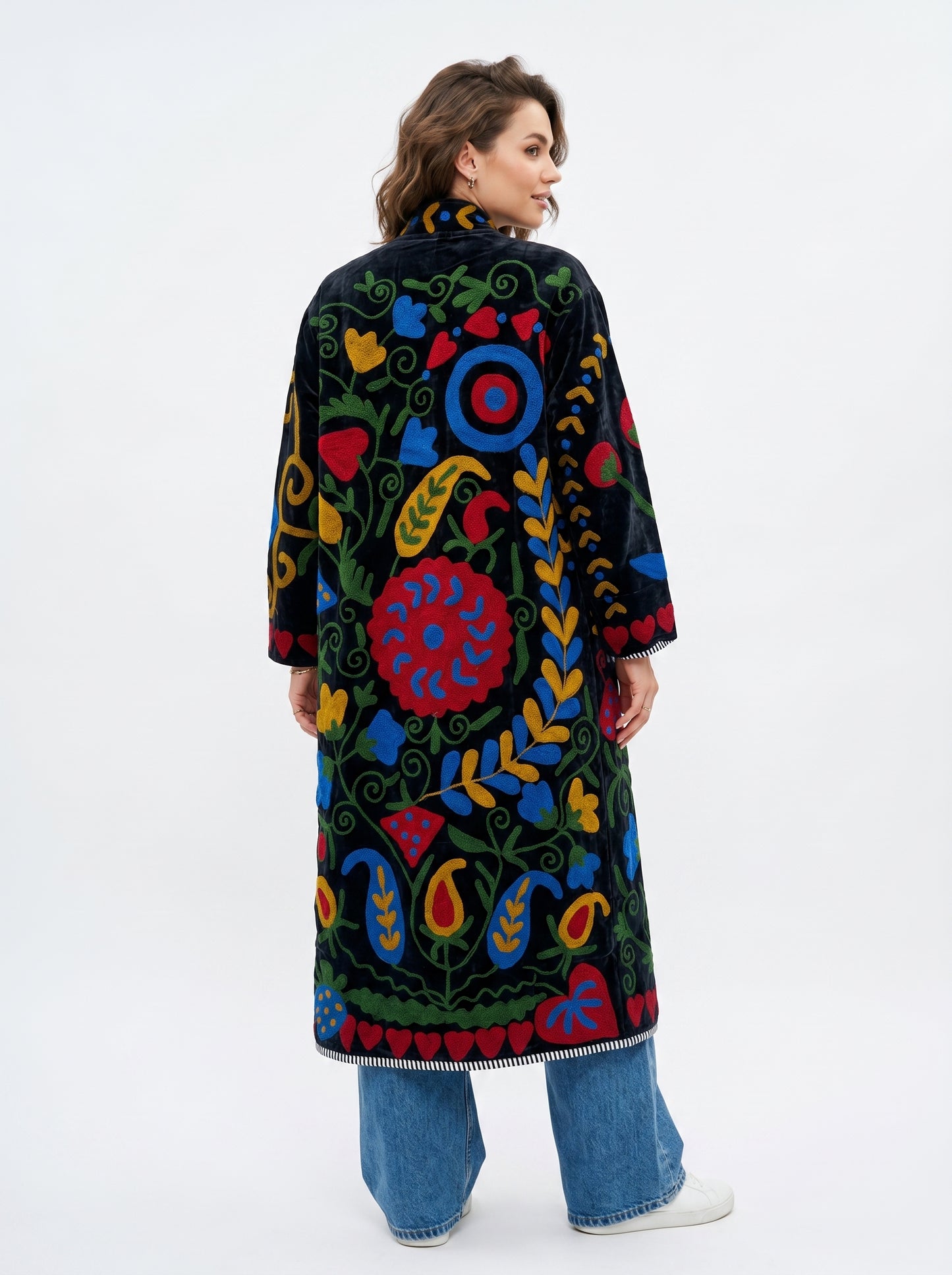Women's Bloom Vine 1071 Suzani Reversible Velvet Long Jacket – Artistic Embroidered Statement Jacket