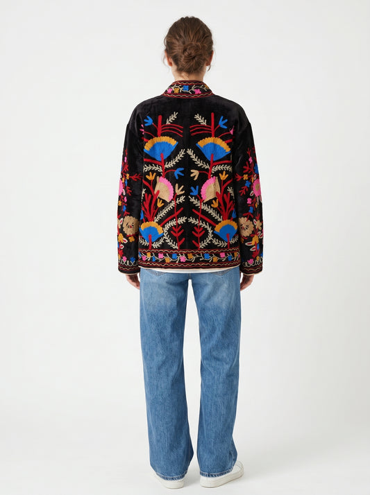 Women's Sweet Memory 1074 Suzani Reversible Velvet Jacket – Artistic Embroidered Statement Jacket