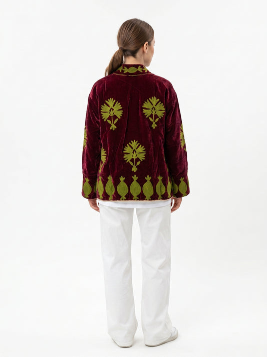 Women's Maroon Love 1063 Suzani Reversible Velvet Jacket – Artistic Embroidered Statement Jacket