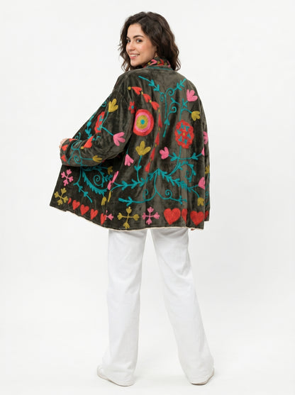 Women's Dream Breeze 1070 Suzani Reversible Velvet Jacket – Artistic Embroidered Statement Jacket