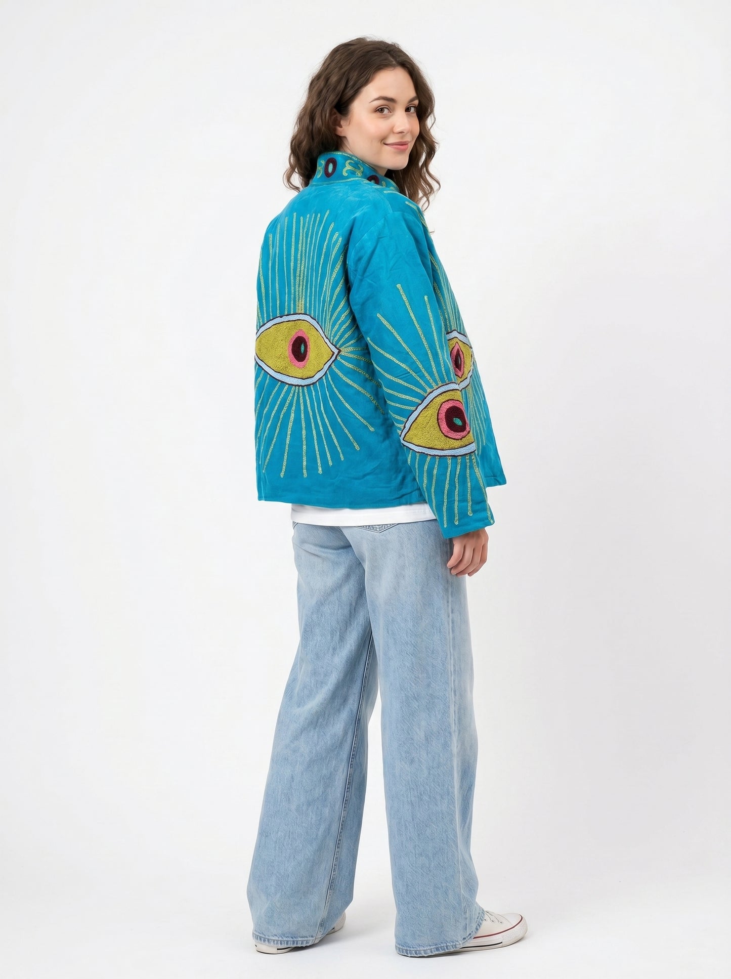 Women's Teal Evil's Eye 1069 Suzani Reversible Velvet Jacket – Artistic Embroidered Statement Jacket