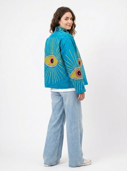 Women's Teal Evil's Eye 1069 Suzani Reversible Velvet Jacket – Artistic Embroidered Statement Jacket