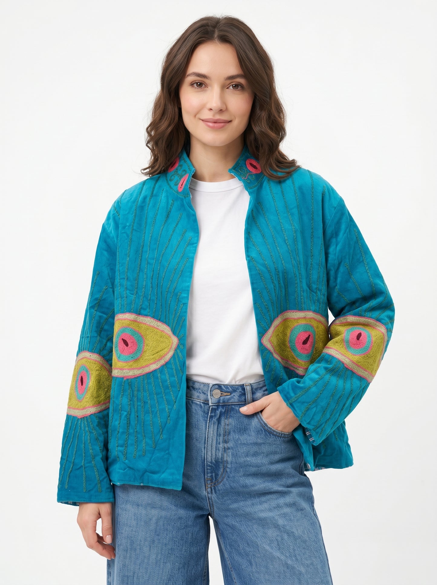 Women's Teal Evil's Eye 1064 Suzani Reversible Velvet Jacket – Artistic Embroidered Statement Jacket