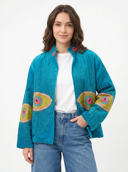 Women's Teal Evil's Eye 1064 Suzani Reversible Velvet Jacket – Artistic Embroidered Statement Jacket