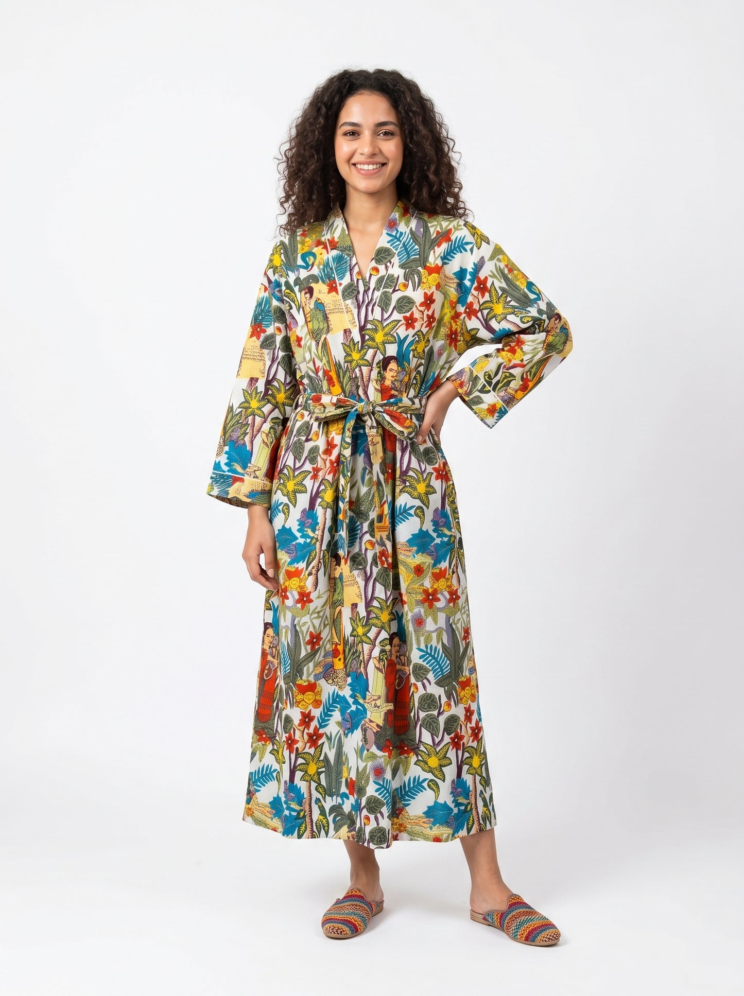 White Farida women's cotton kimono. Crisp white lightweight cotton 
robe featuring an elegant monochrome patterned border design.