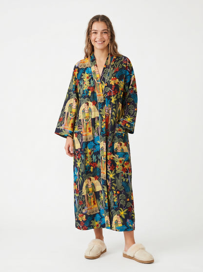 Black Farida women's cotton kimono. Elegant black and white 
patterned lightweight cotton robe with long sleeves and waist tie.