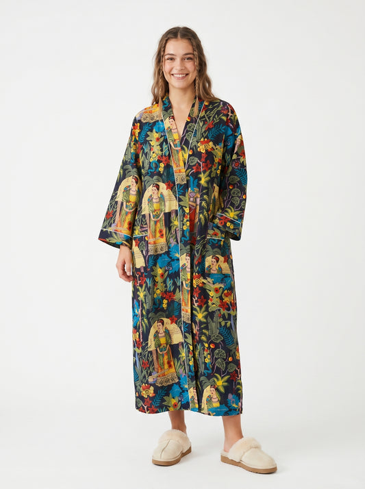 Black Farida women's cotton kimono. Elegant black and white 
patterned lightweight cotton robe with long sleeves and waist tie.