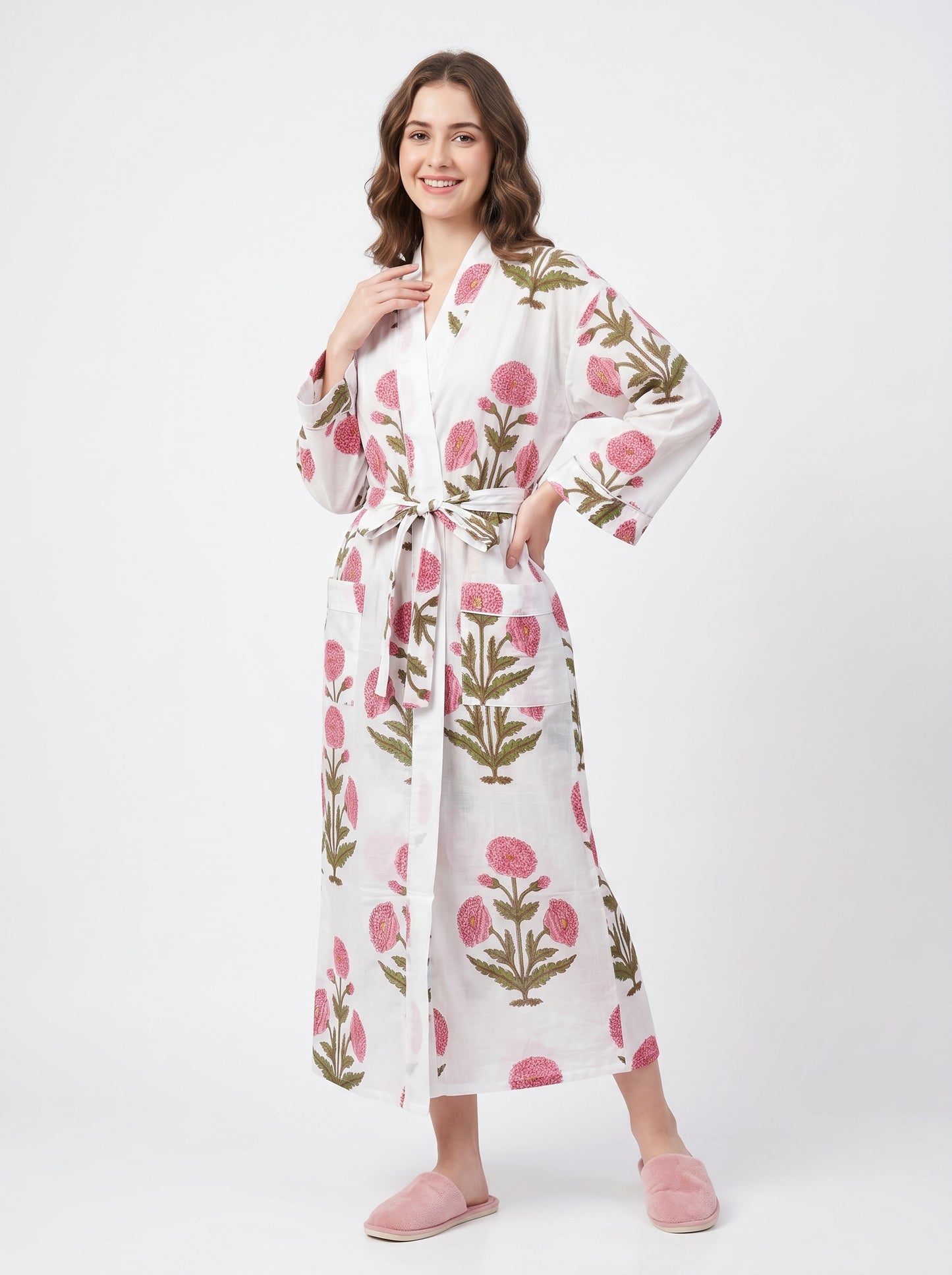 Petal Cloud pink women's cotton kimono. Soft, airy pink floral 
block print lightweight cotton robe for lounging at home.