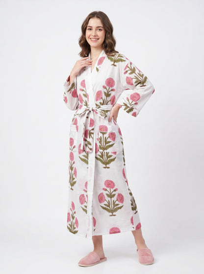 Petal Cloud pink women's cotton kimono. Soft, airy pink floral 
block print lightweight cotton robe for lounging at home.