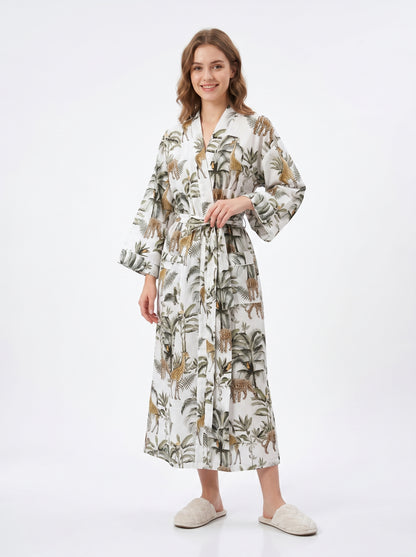White Jungle Muse women's cotton kimono. Tropical botanical and
 jungle print lightweight cotton housecoat in white and green.