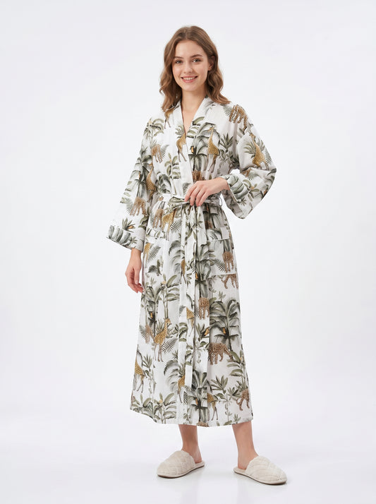 White Jungle Muse women's cotton kimono. Tropical botanical and
 jungle print lightweight cotton housecoat in white and green.