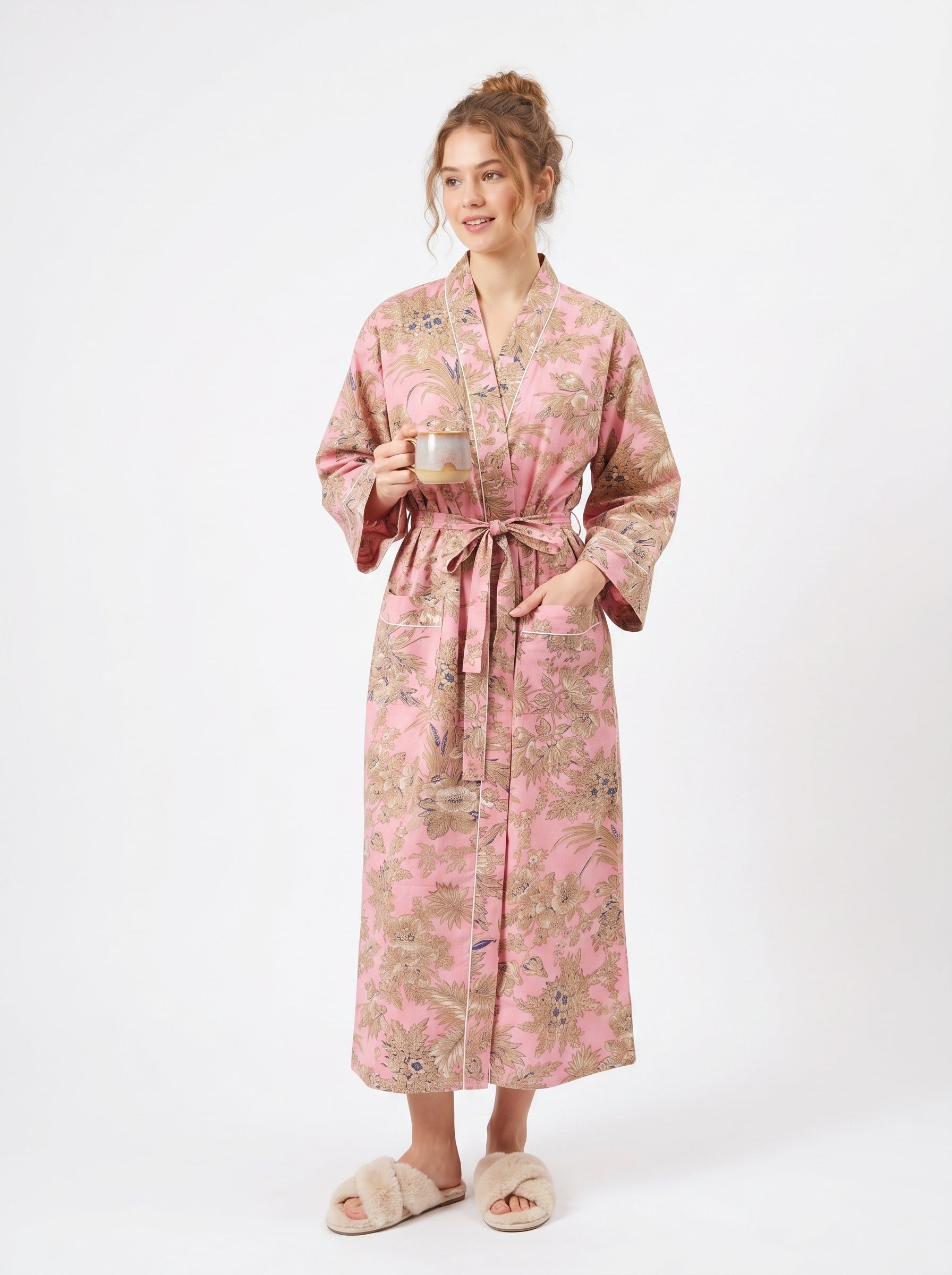Blush Bloom women's cotton Tibetan kimono. Soft pastel pink
 floral printed lightweight cotton robe for morning loungewear.
