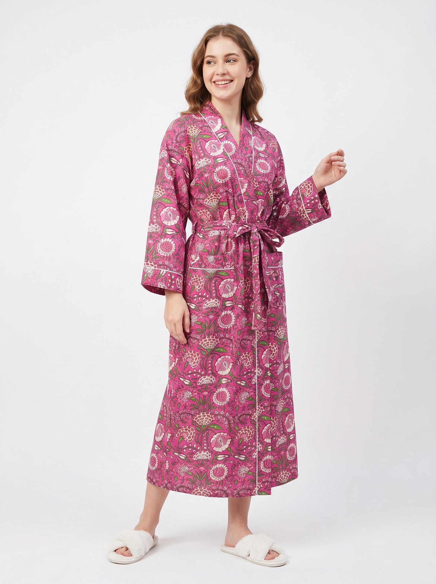 Fuchsia pink petal women's cotton kimono. Vibrant pink floral block
 print lightweight dressing gown and summer robe.