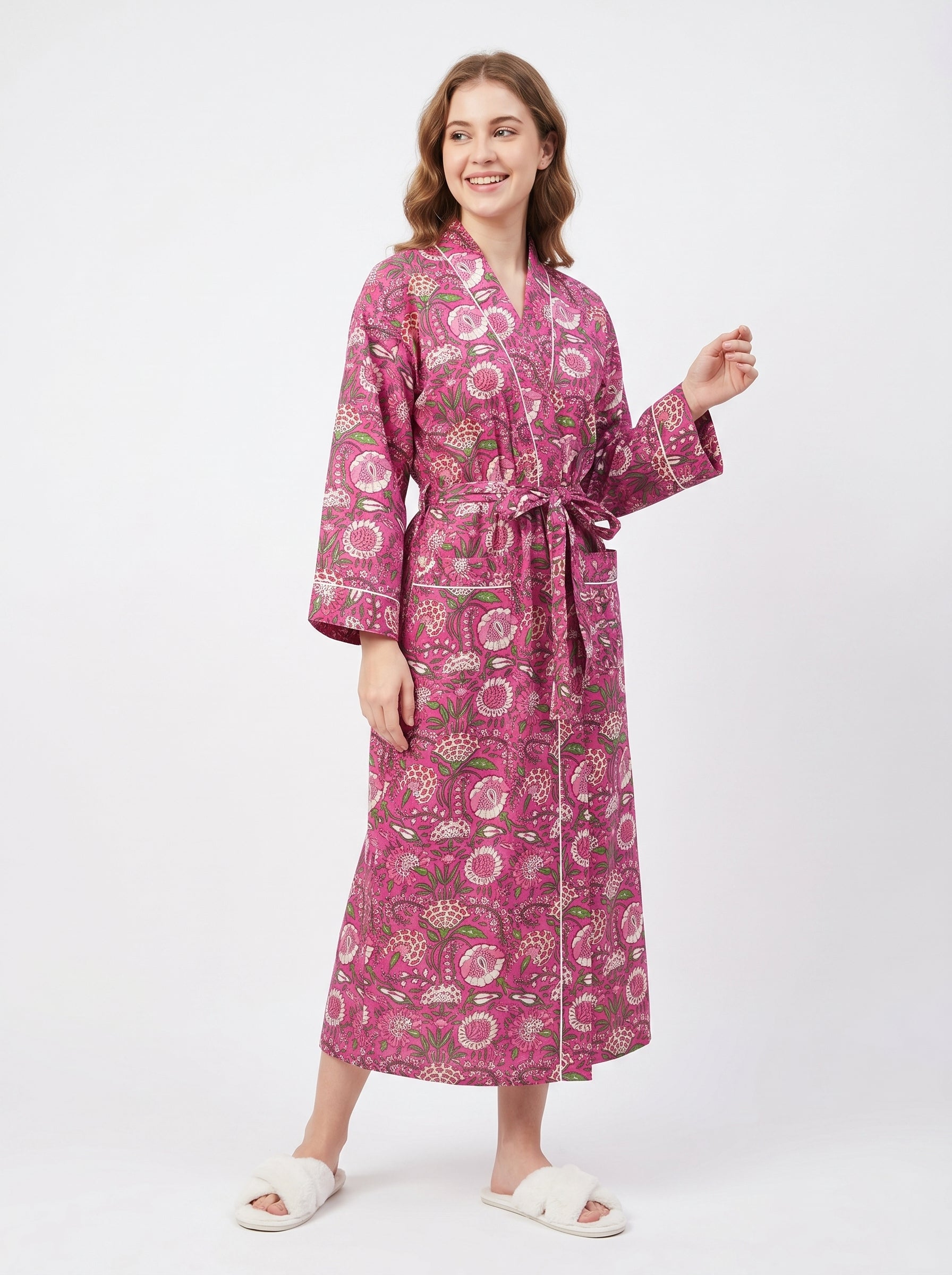 Fuchsia pink petal women's cotton kimono. Vibrant pink floral block
 print lightweight dressing gown and summer robe.