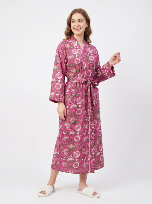 Fuchsia pink petal women's cotton kimono. Vibrant pink floral block
 print lightweight dressing gown and summer robe.