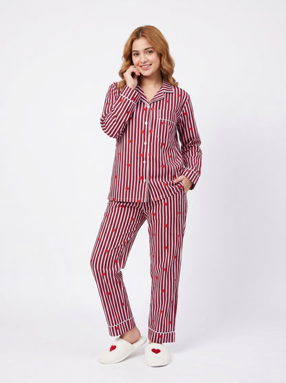 Red Velvet Heart - Cotton Night Suit Set – Elegant Two Piece Pajama Set description