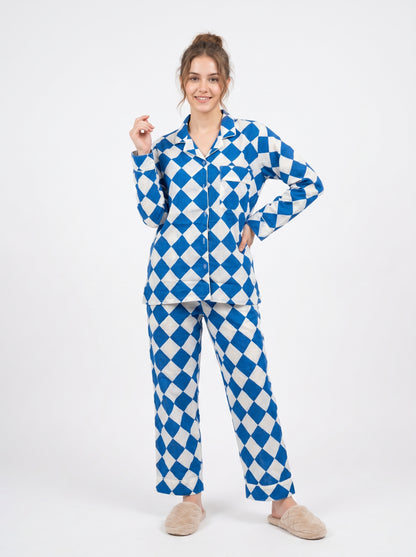 White Blue Checks Abstract Cotton Night Suit Set – Elegant Two Piece Pajama Set