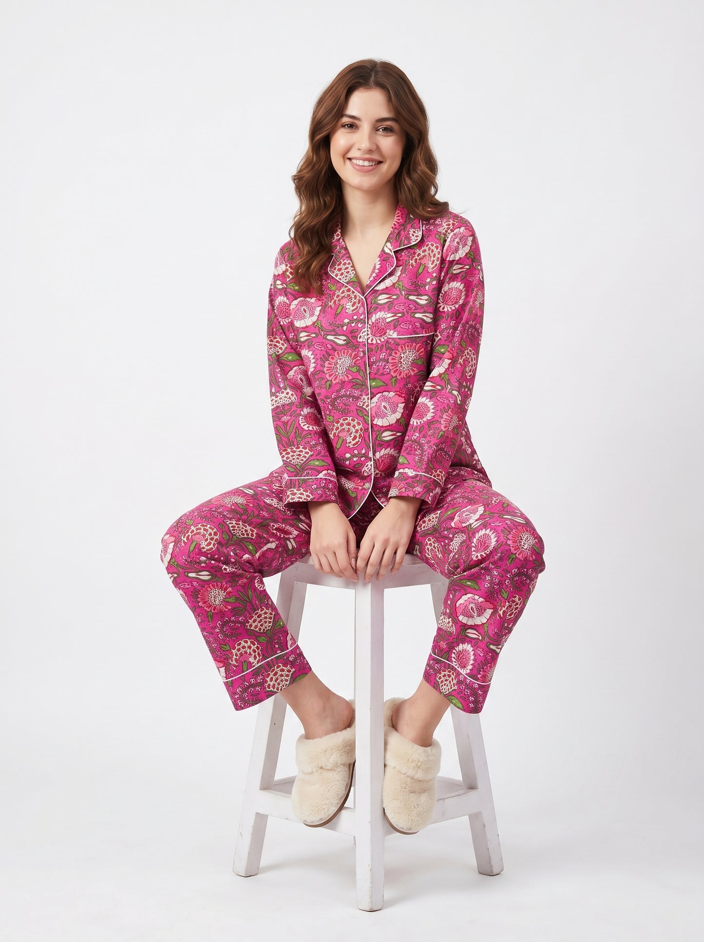 Fuchsia Pink Petal  Cotton Night Suit Set – Elegant Two Piece Pajama Set