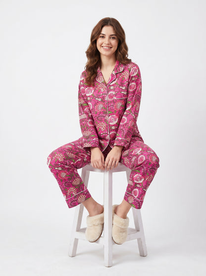 Fuchsia Pink Petal  Cotton Night Suit Set – Elegant Two Piece Pajama Set