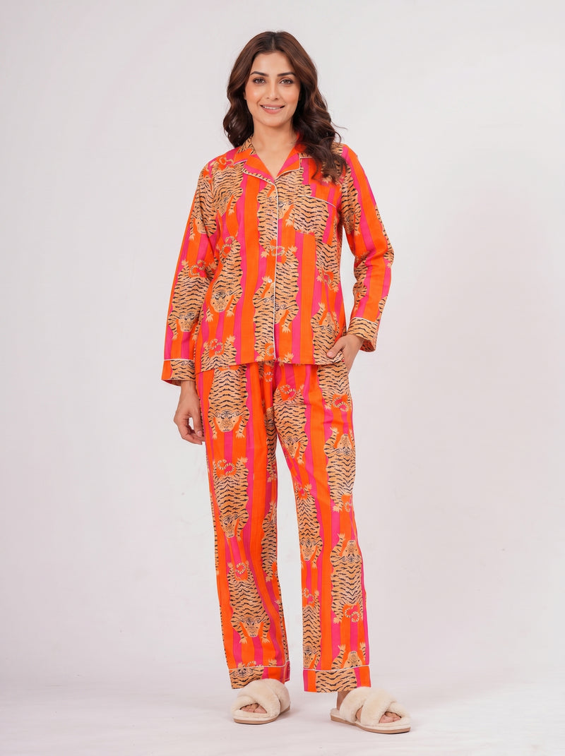 Tiger Tango Orange Tibetan Print Cotton Night Suit Set by House of Arya