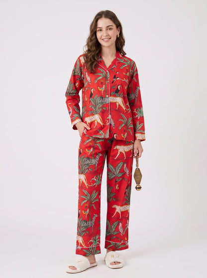 Women's Red Safari Print Cotton Night Suit Set – Elegant Two Piece Pajama Set