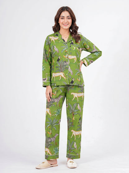Women's Green Safari Print Cotton Night Suit Set – Tropical Two Piece Pajama Set