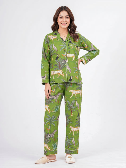 Women's Green Safari Print Cotton Night Suit Set – Tropical Two Piece Pajama Set