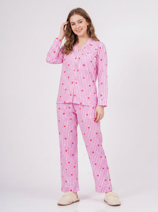 Women's Pink Heart Stripe Cotton Night Suit Set – Cute Two Piece Pajama Set