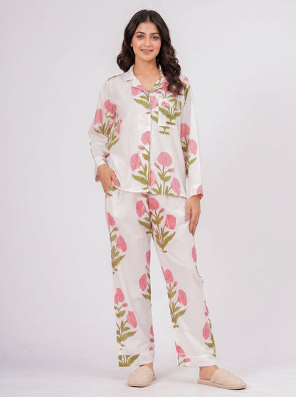 Women's White Floral Print Cotton Night Suit Set – Elegant Two Piece Pajama Set