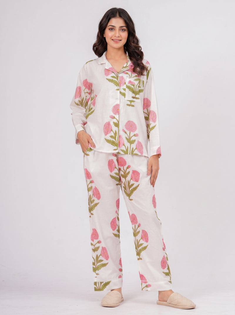 White Floral Print Cotton Night Suit Set by House of Arya