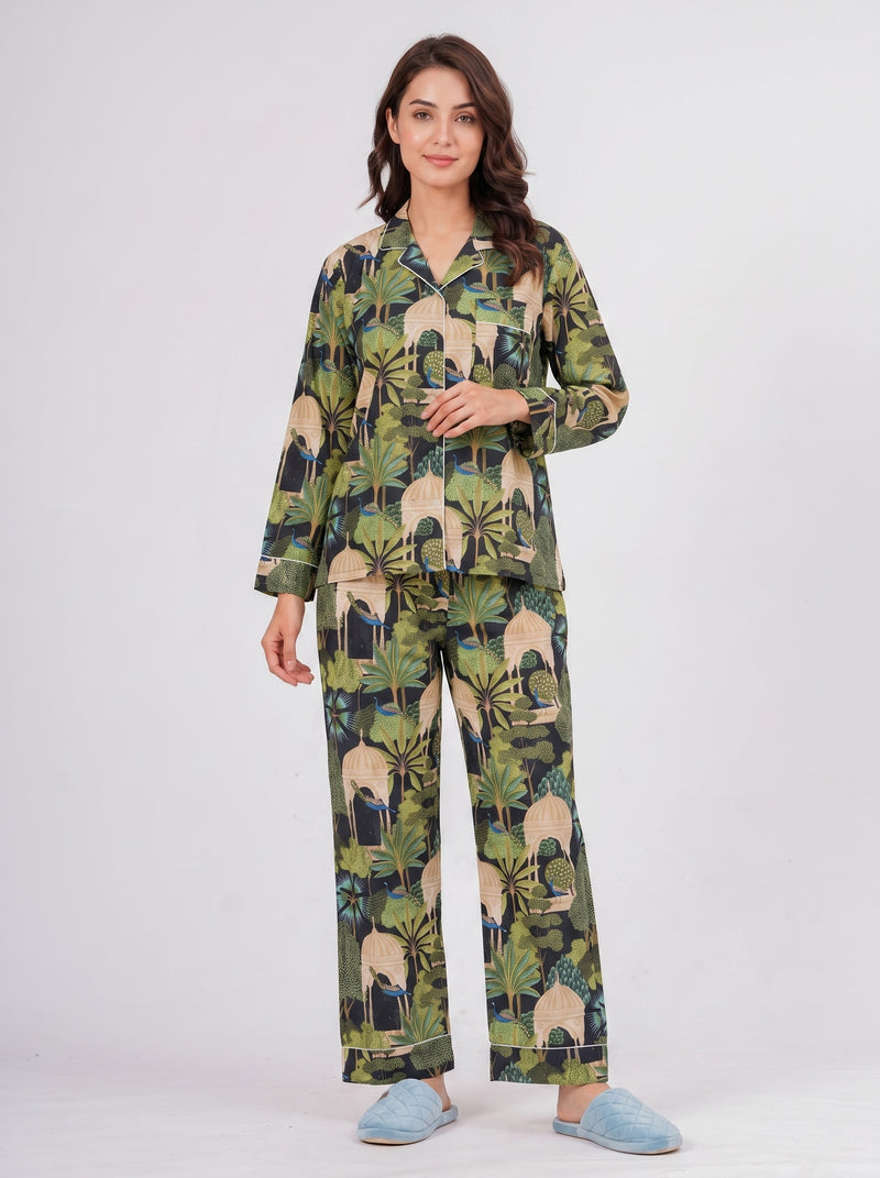 Green Botanical Garden Peacock Print Cotton Night Suit Set by House of Arya