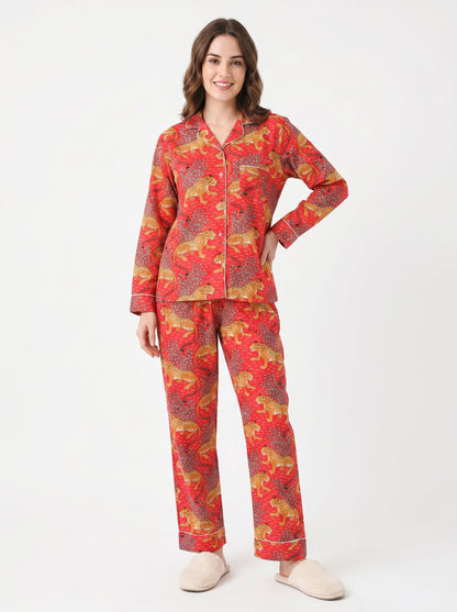 Women's Red Leopard Print Cotton Night Suit Set – Striped Two Piece Pajama Set