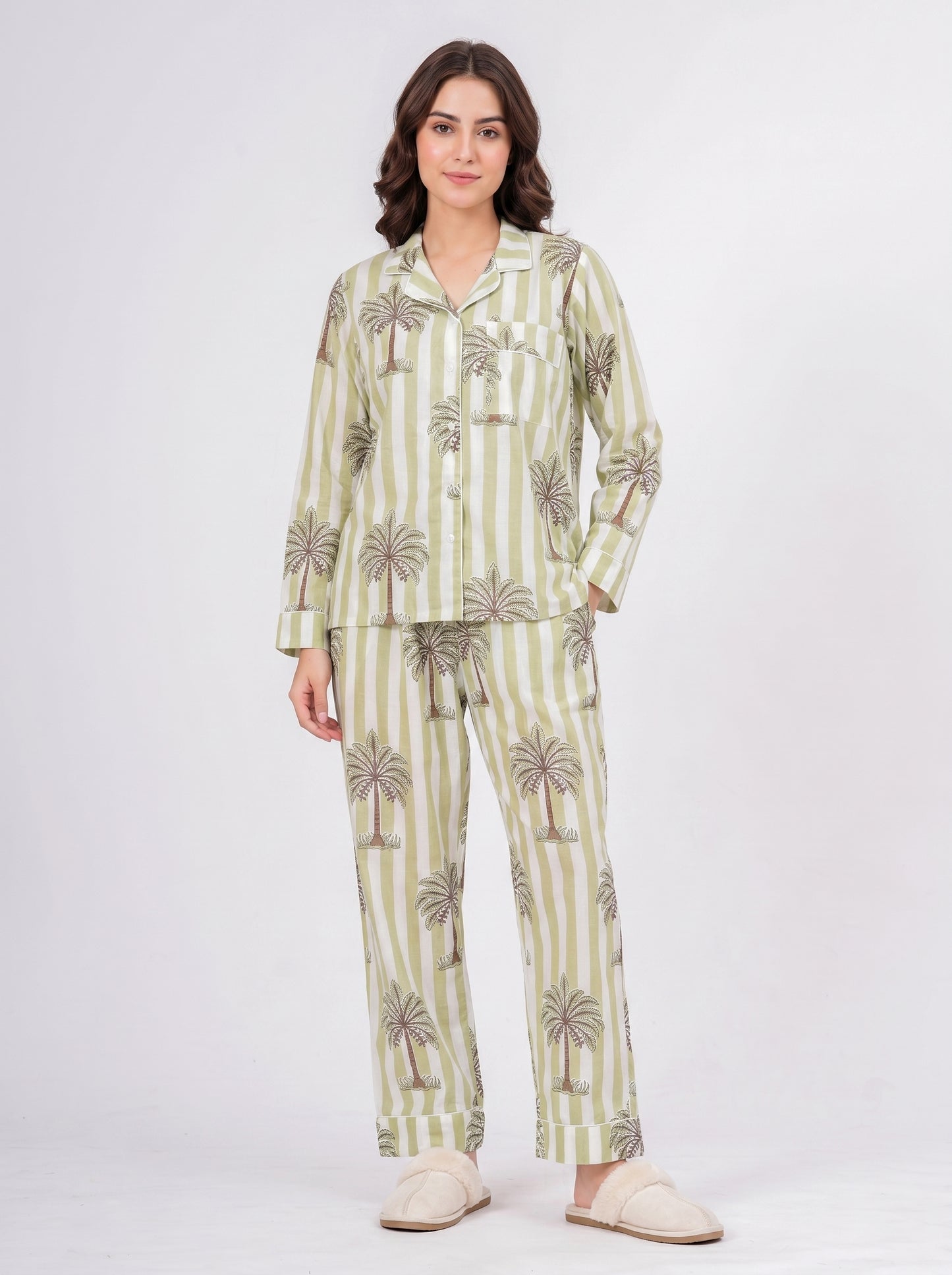 Women's Green Palm Tree Print Cotton Night Suit Set – Striped Two Piece Pajama Set