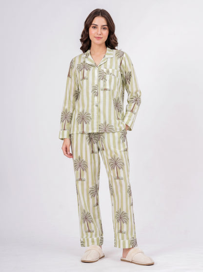 Women's Green Palm Tree Print Cotton Night Suit Set – Striped Two Piece Pajama Set