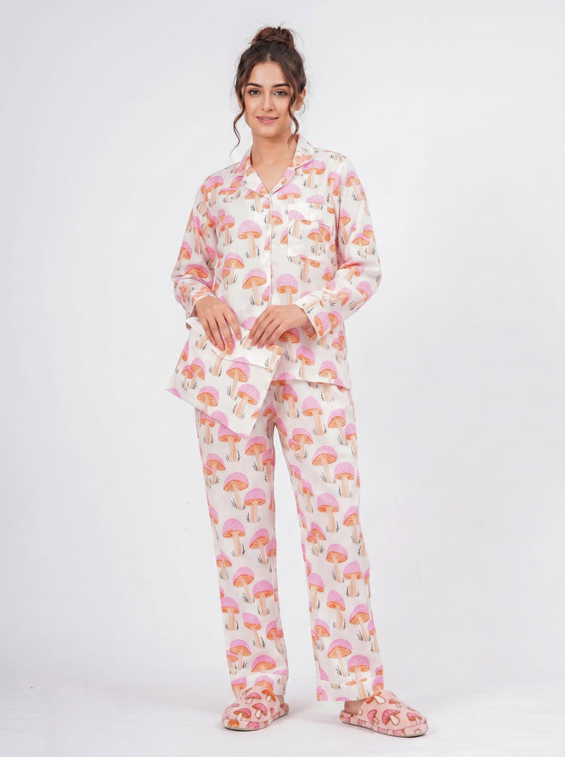 Pink Mushroom Print Cotton Night Suit Set by House of Arya
