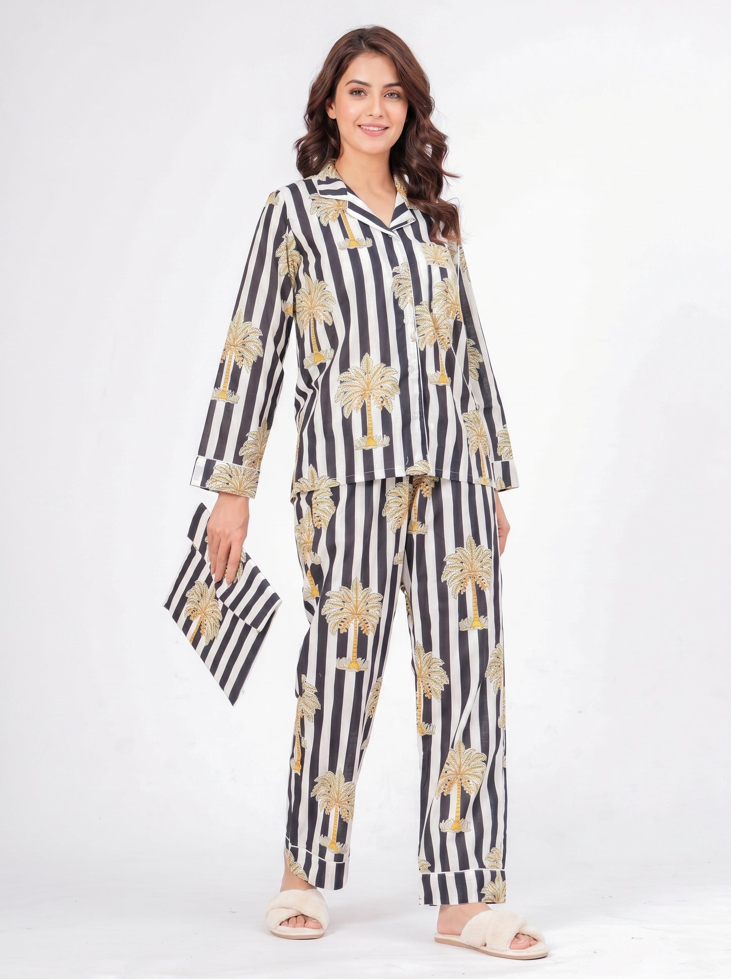 Women's Black Striped Palm Tree Cotton Night Suit Set – Two Piece Pajama Set