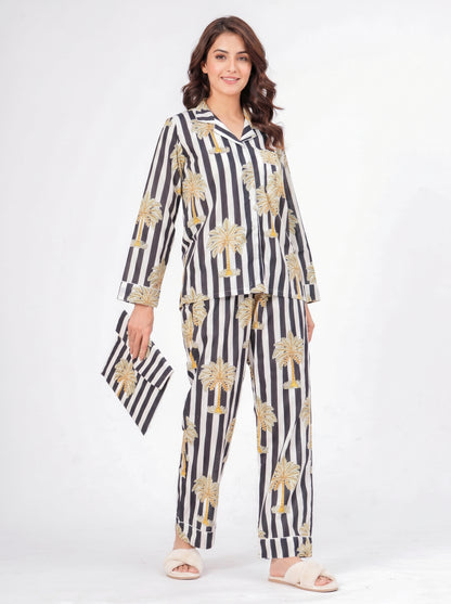 Women's Black Striped Palm Tree Cotton Night Suit Set – Two Piece Pajama Set