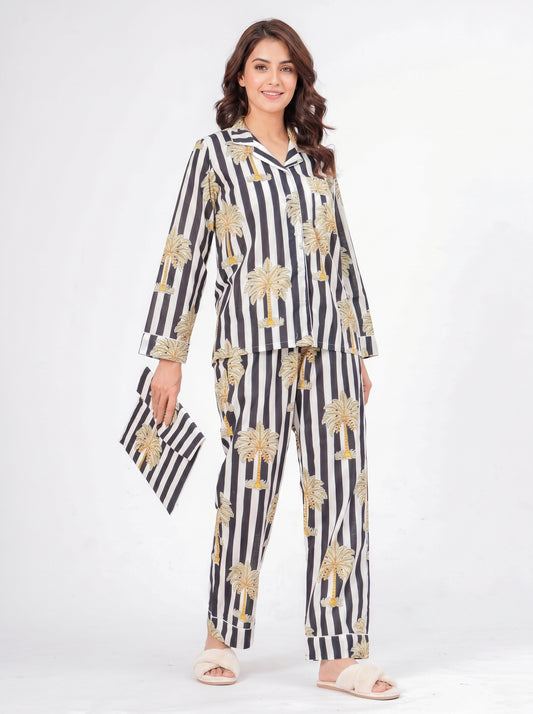 Women's Black Striped Palm Tree Cotton Night Suit Set – Two Piece Pajama Set