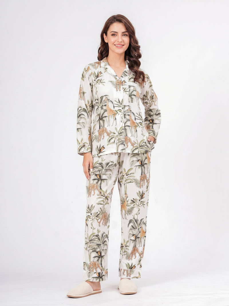 White Jungle Muse Cotton Night Suit Set by House of Arya