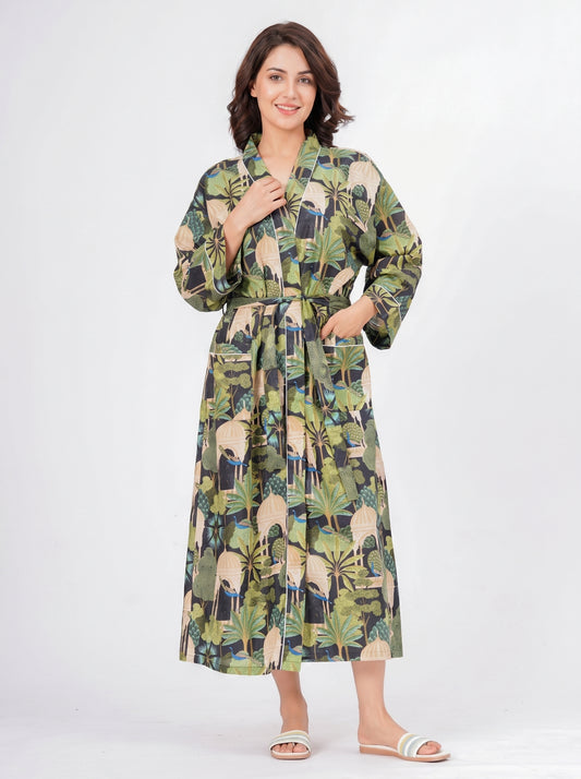 Peacock Grace women's cotton enchanted jungle kimono. Elegant floral 
and peacock pattern printed cotton robe for lounging.