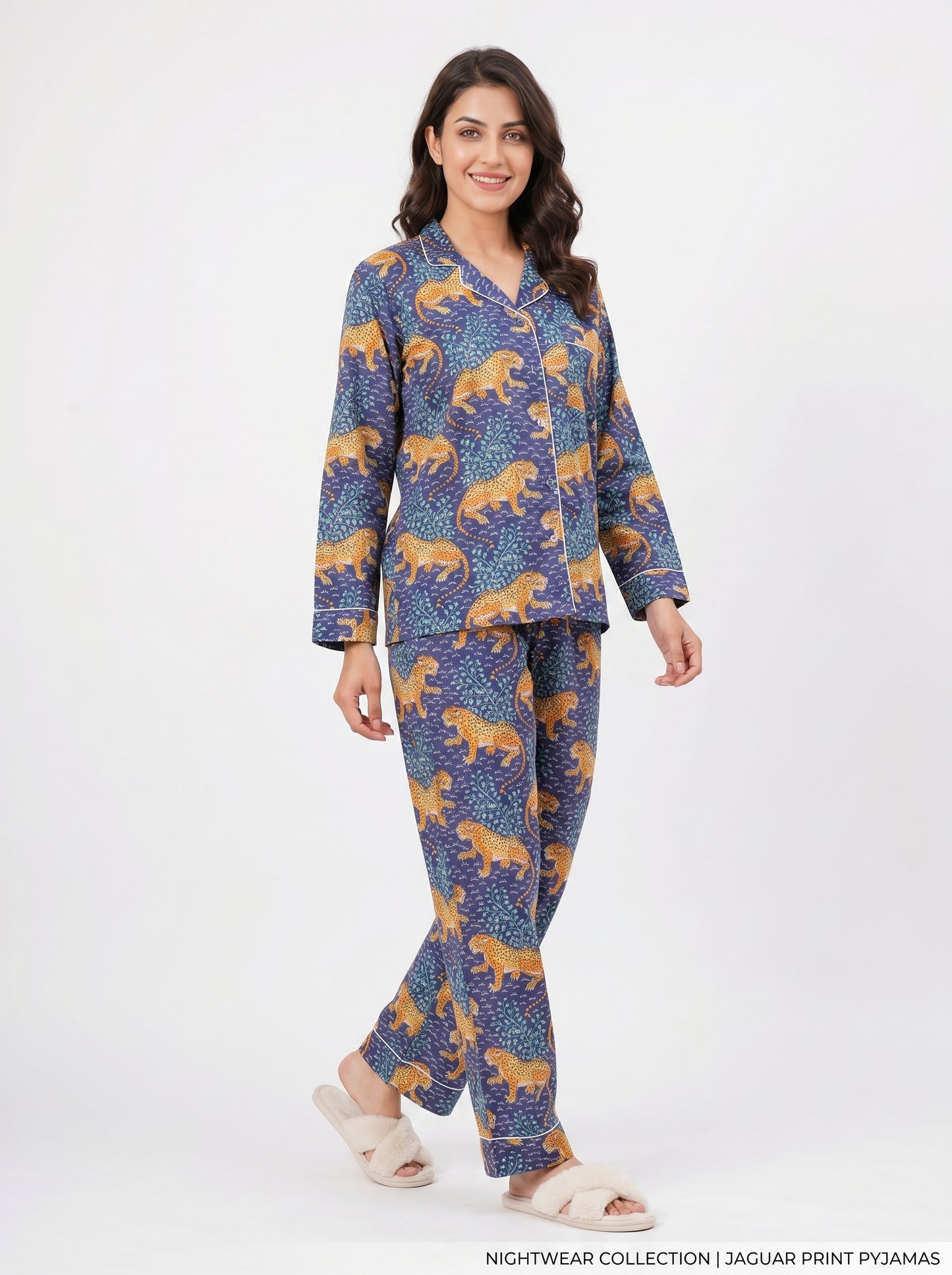 Women's Midnight Blue Leopard Print Cotton Night Suit Set – Elegant Two Piece Pajma Set