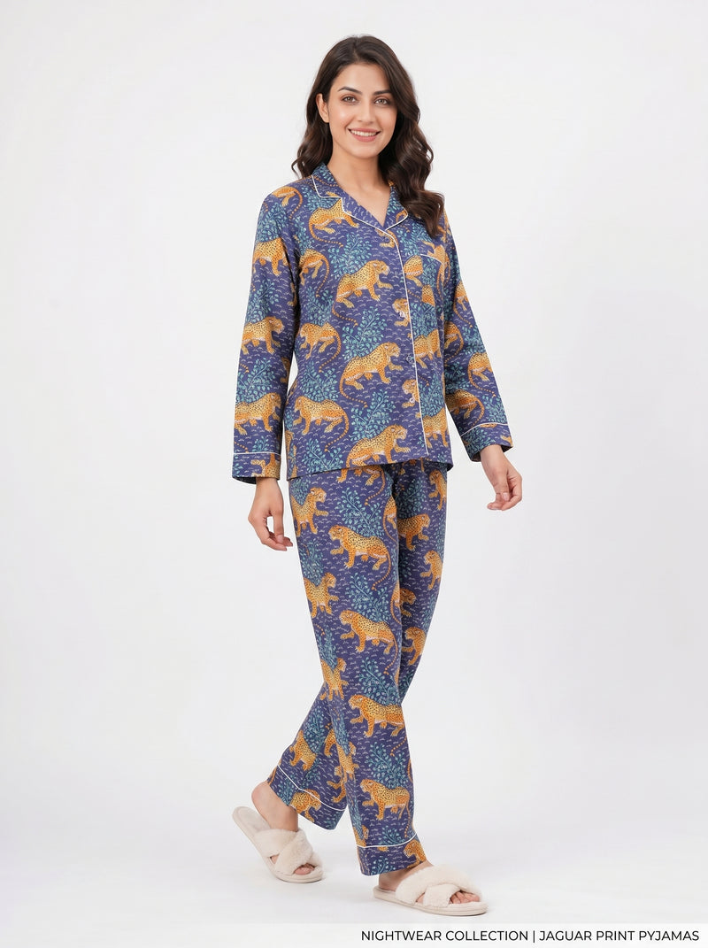Midnight Blue Leopard Print Cotton Night Suit Set by House of Arya