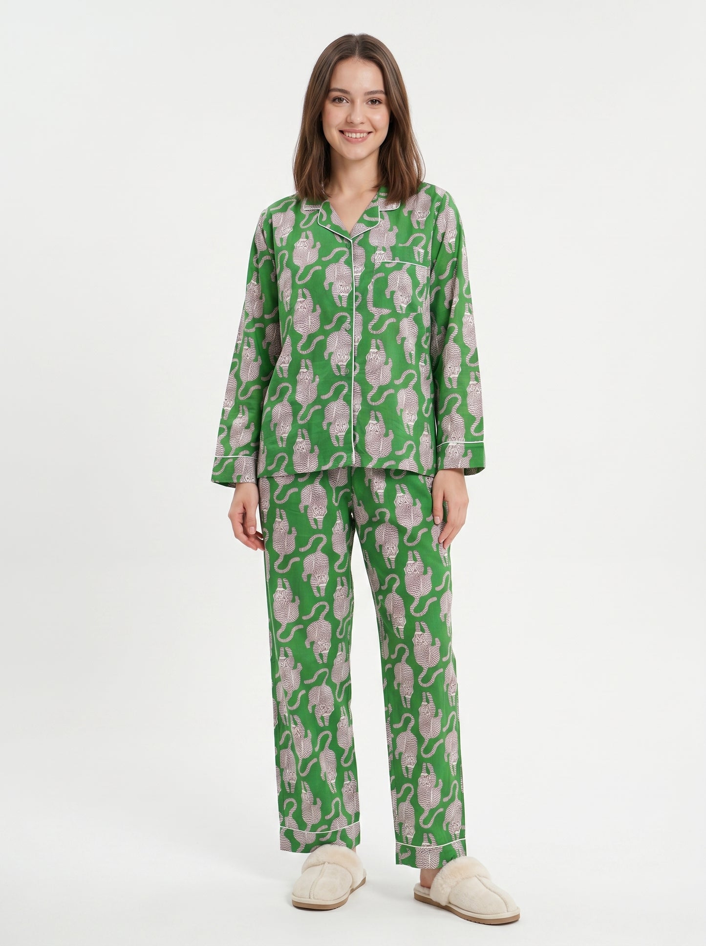 Women's Midnight Green Tiger Print Cotton Night Suit Set -  Elegant Two Piece Pajama Set