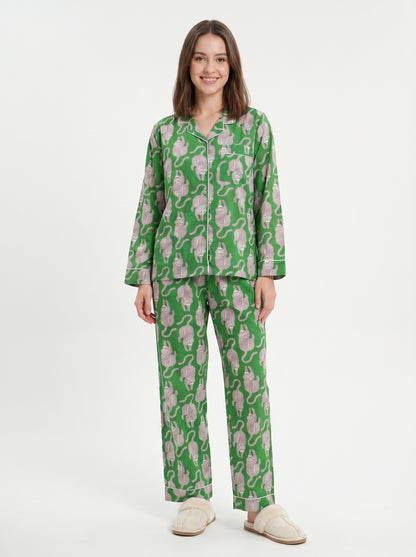 Women's Midnight Green Tiger Print Cotton Night Suit Set -  Elegant Two Piece Pajama Set
