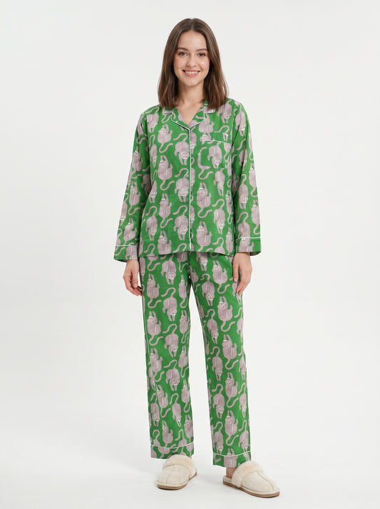 Women's Midnight Green Tiger Print Cotton Night Suit Set -  Elegant Two Piece Pajama Set