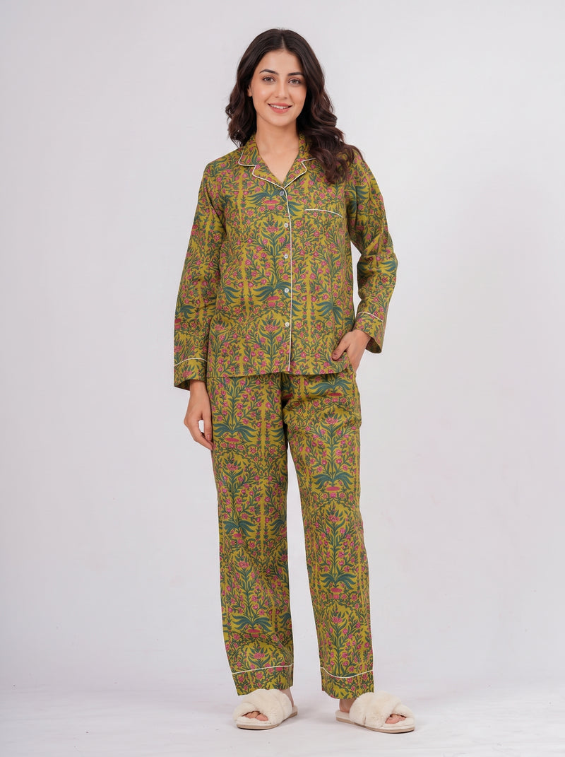 Green Botanical Floral Print Cotton Night Suit Set by House of Arya