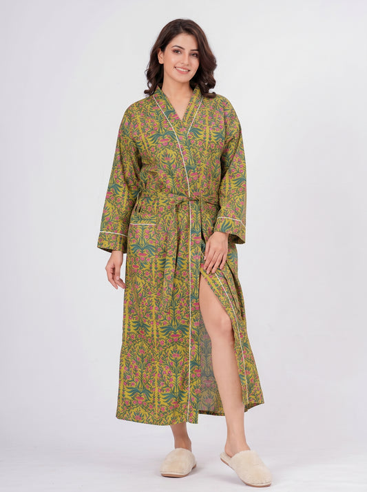 Emerald Bloom women's cotton floral kimono. Rich emerald green lightweight cotton robe featuring an elegant botanical and blossom print design.