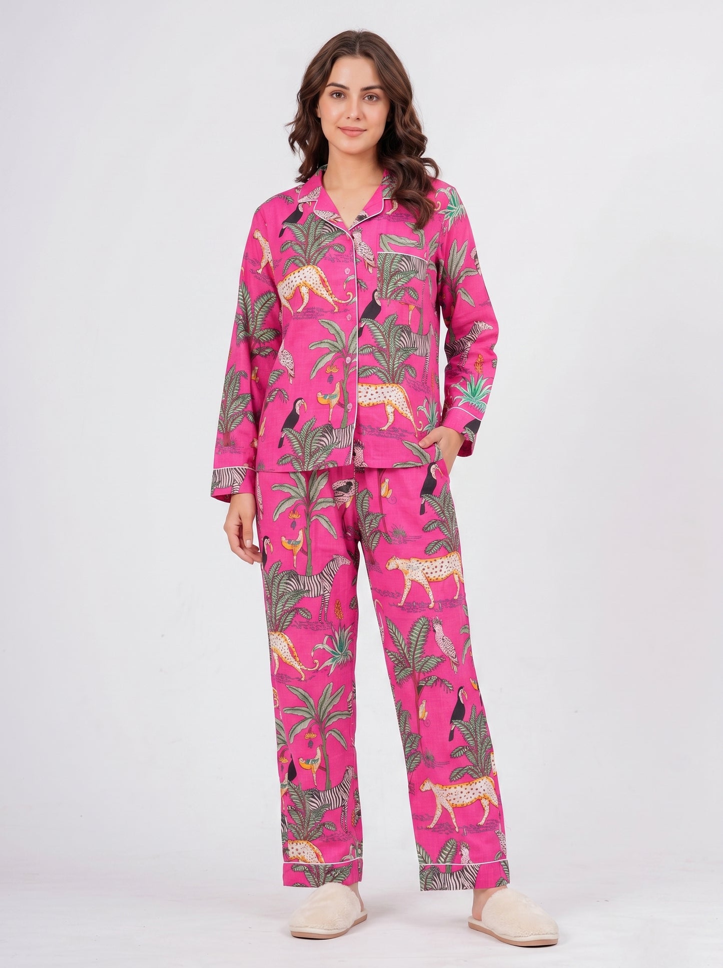 Women's Pink Safari Print Cotton Night Suit Set – Elegant Two Piece Pajama Set